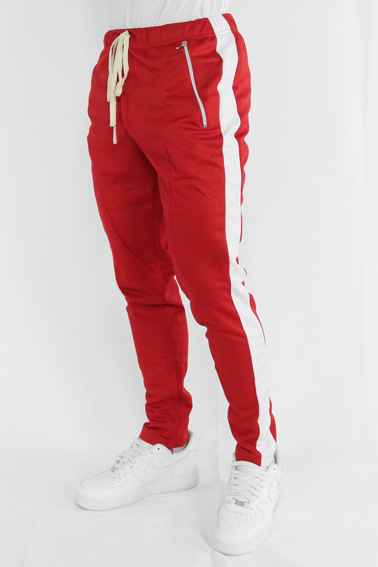 Premium Side Stripe Zip Pocket Track Pants (Red-White) - Zamage