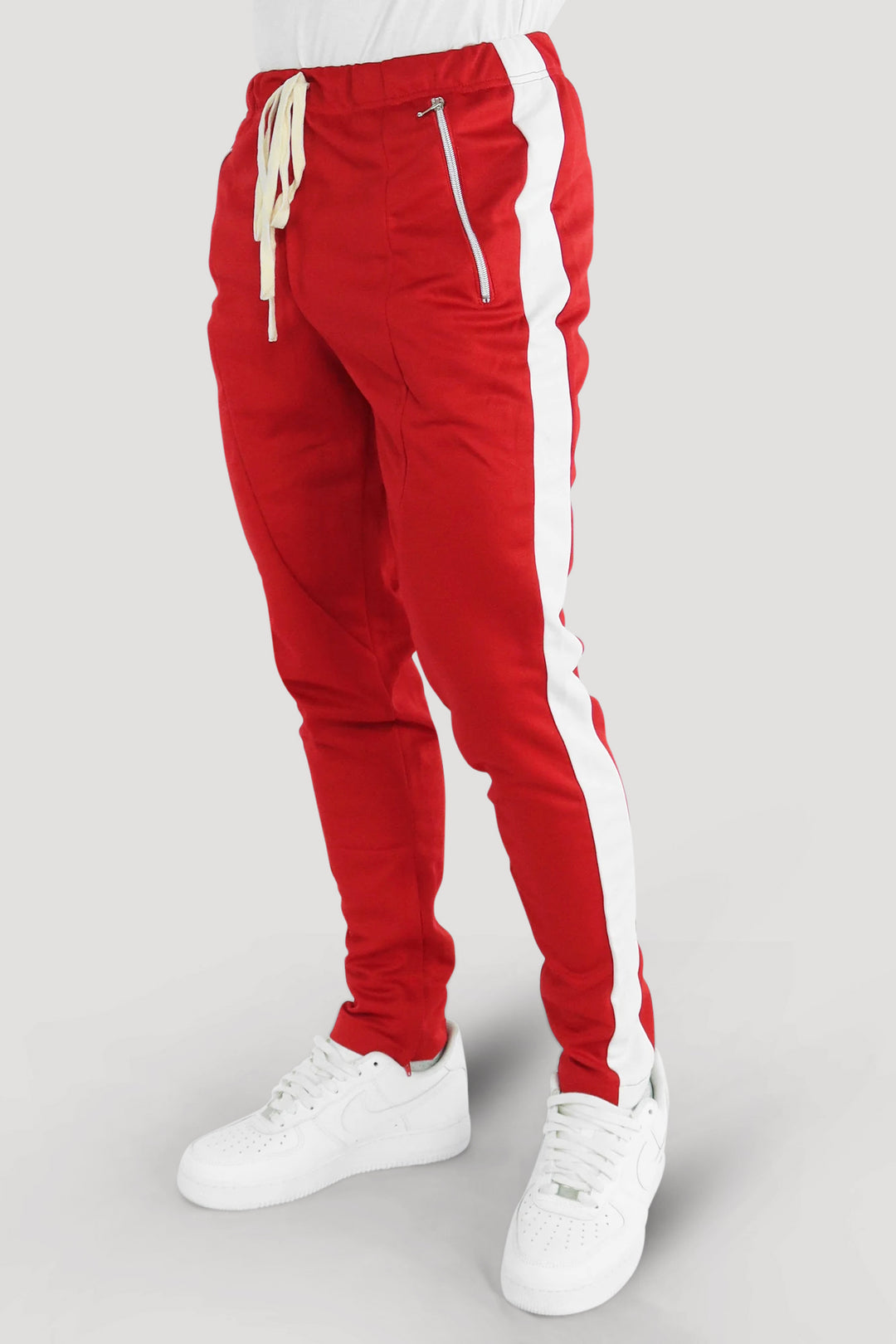 Premium Side Stripe Zip Pocket Track Pants (Rood-Wit)