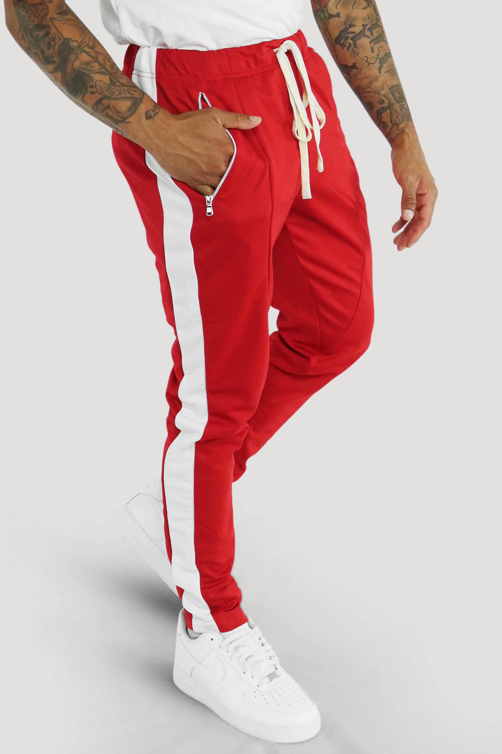 Premium Side Stripe Zip Pocket Track Pants (Rood-Wit)