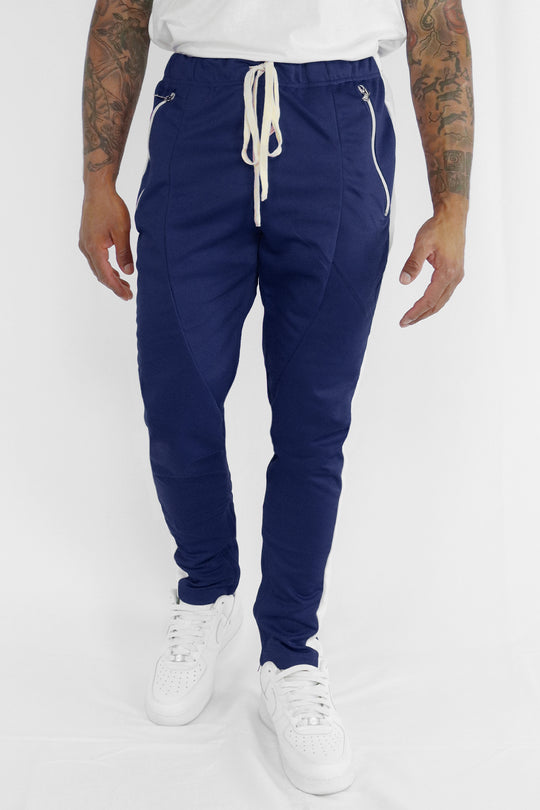 Premium Side Stripe Zip Pocket Track Pants (Navy-White) - Zamage