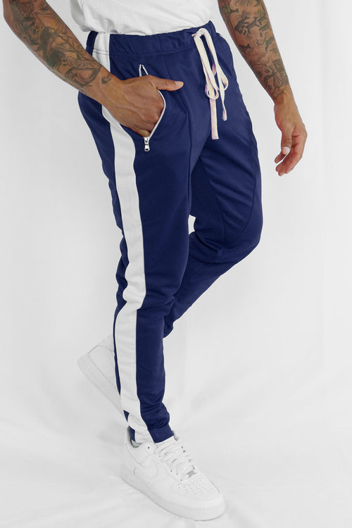Premium Side Stripe Zip Pocket Track Pants (Navy-White) - Zamage