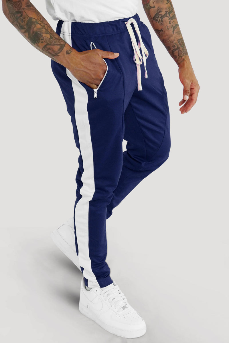 Blue track pants white stripe online