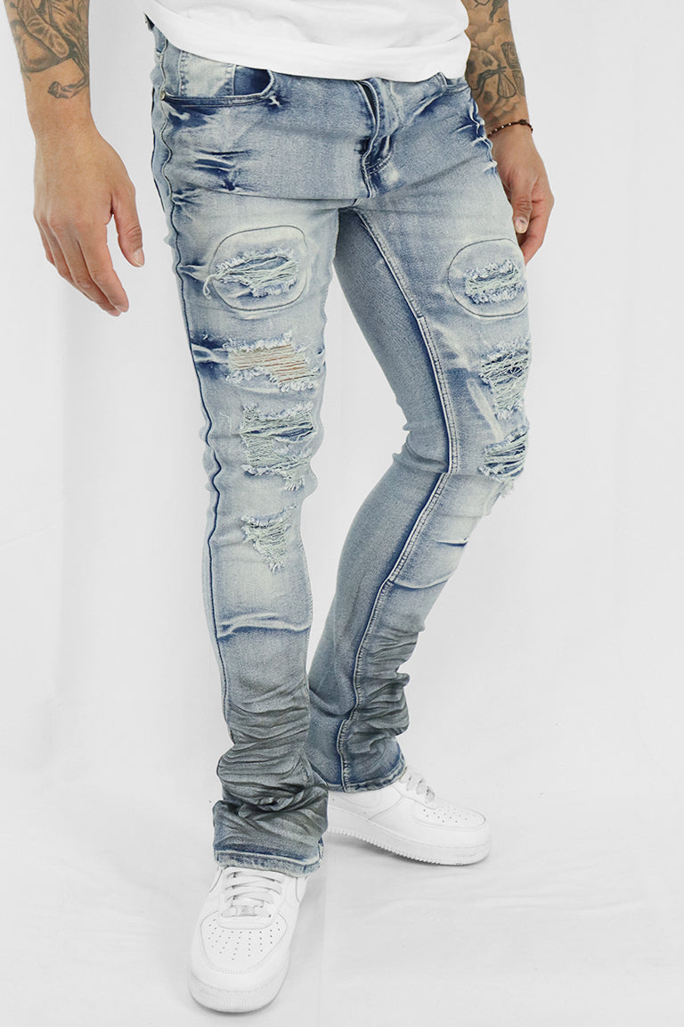 Ripped & Repaired Stacked Denim (Blue Wash) - Zamage