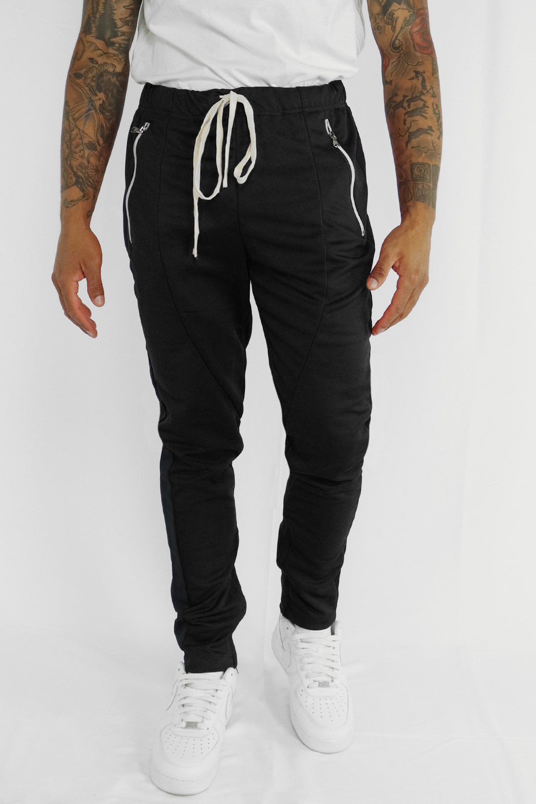 Premium Side Stripe Zip Pocket Track Pants (Black - Black) - Zamage