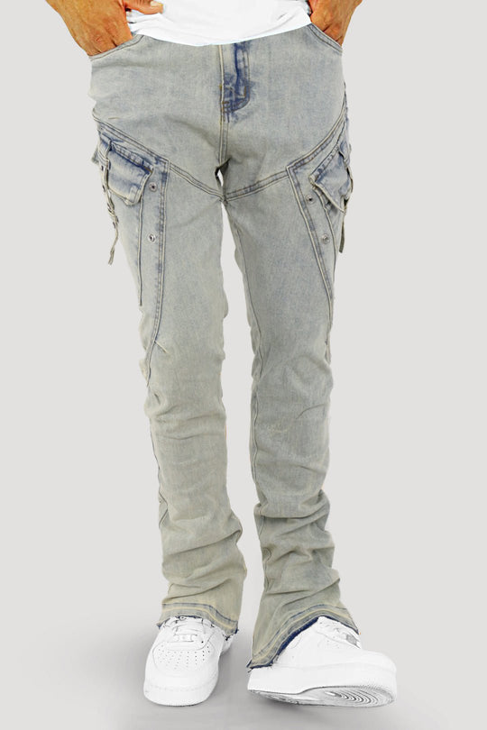 Bend The Block Cargo Stacked Denim (Antique Blue) (M8458D) - Zamage