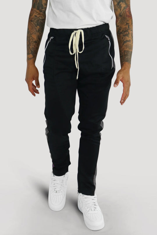 Premium Side Stripe Zip Pocket Track Pants (Black - Charcoal)