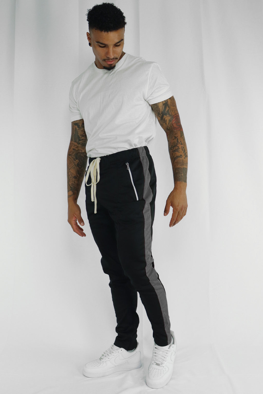 Premium Side Stripe Zip Pocket Track Pants (Black-Charcoal) - Zamage