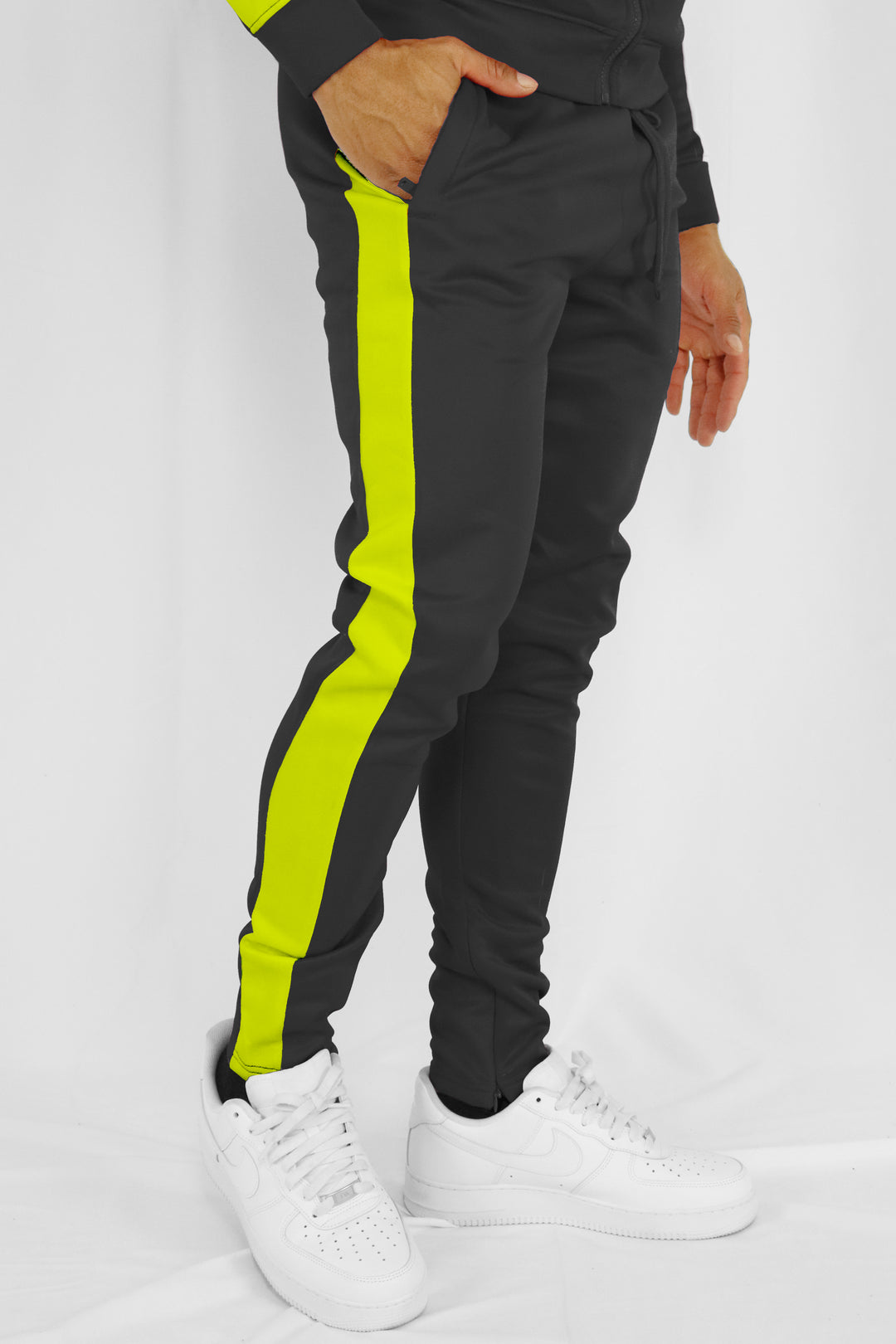 Solid One Stripe Track Pants (Black - Lime) (100-402) - Zamage