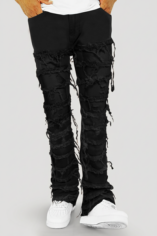 Distressed Layered Stacked Denim (Jet Black) (S3016T)