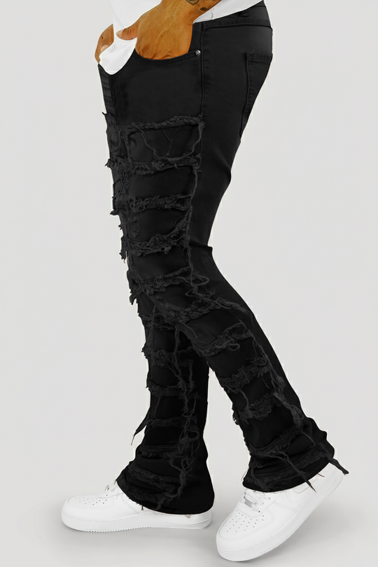 Distressed Layered Stacked Denim (Jet Black) (S3016T)