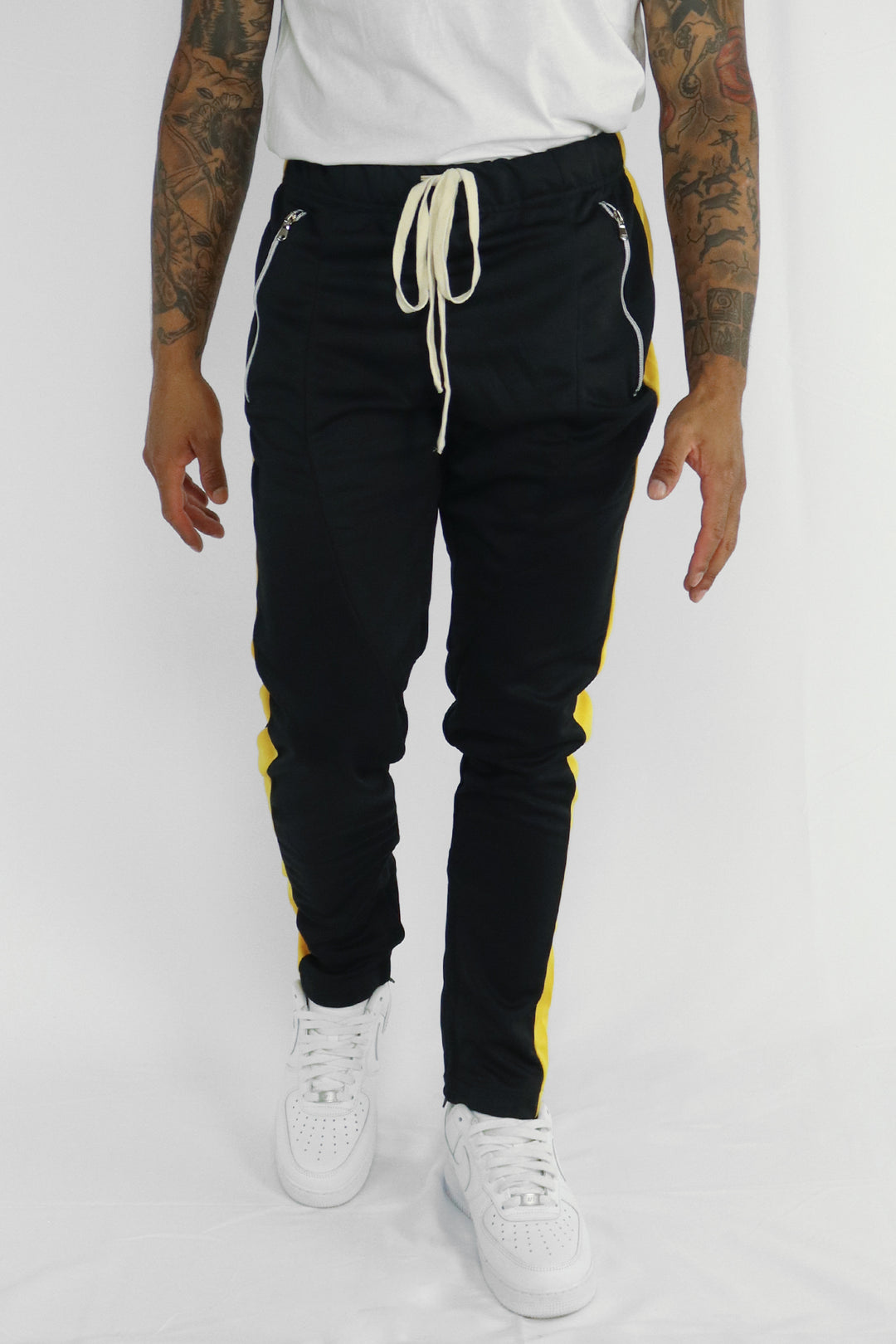 Premium Side Stripe Zip Pocket Track Pants (Black-Yellow) - Zamage