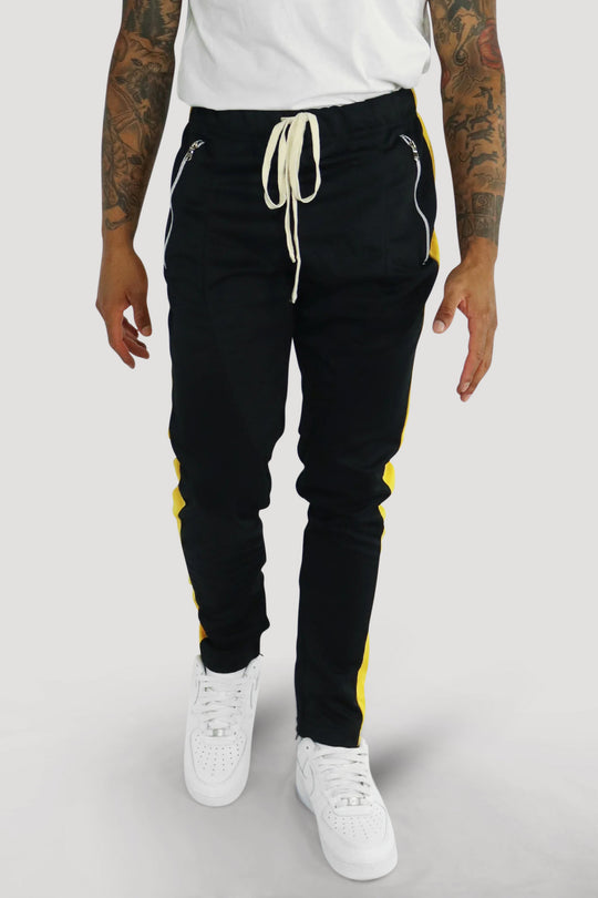 Premium Side Stripe Zip Pocket Track Pants (Black - Yellow)