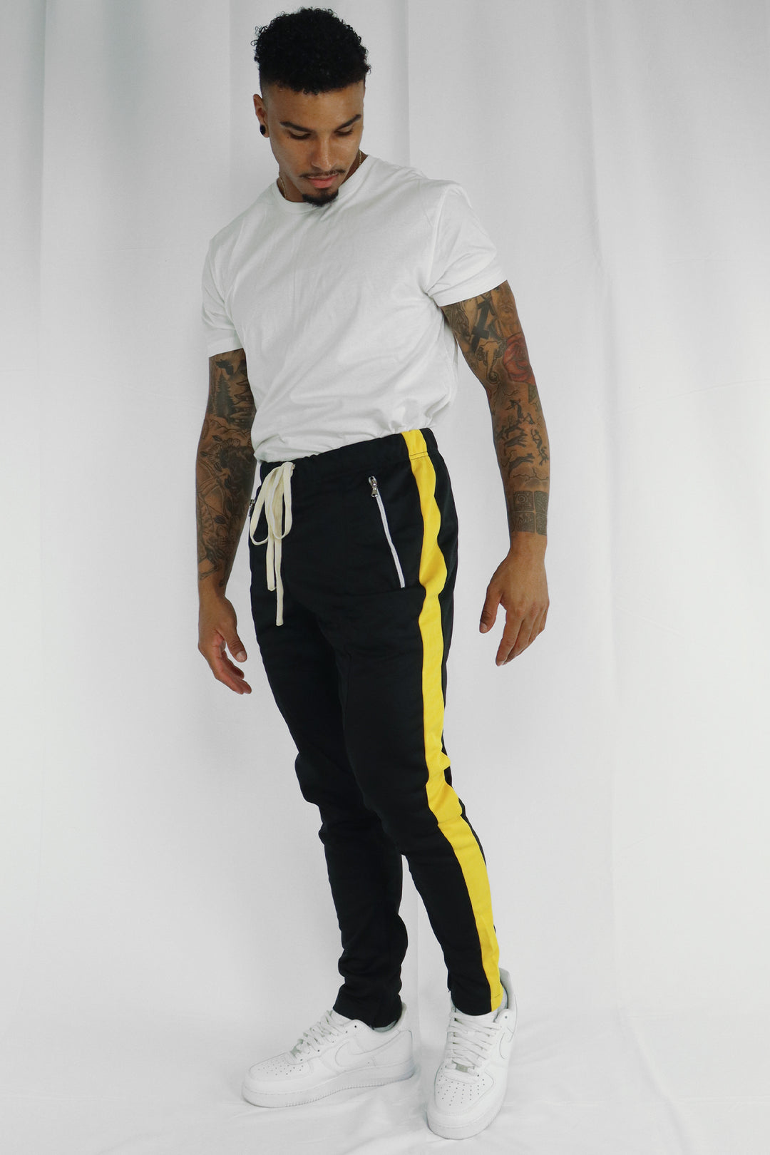 Premium Side Stripe Zip Pocket Track Pants (Black-Yellow)