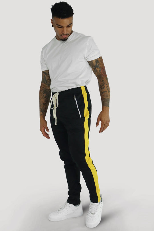 Premium Side Stripe Zip Pocket Track Pants (Black - Yellow)