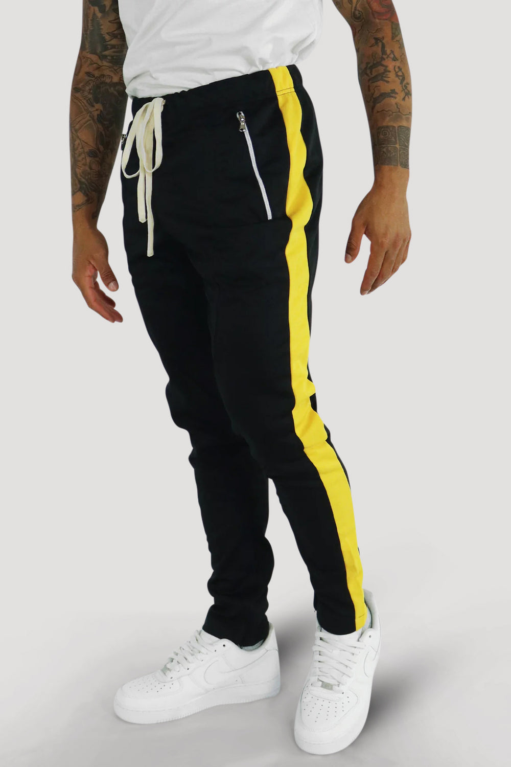 Premium Side Stripe Zip Pocket Track Pants (Black - Yellow)