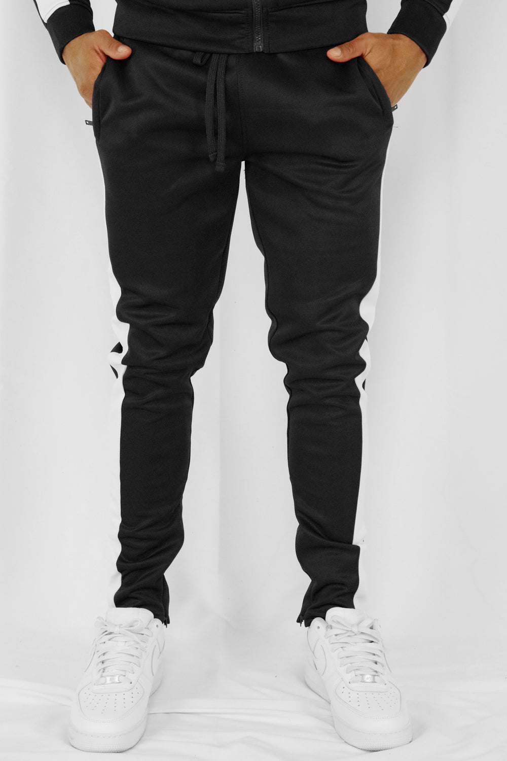 Black sweat pants white stripe