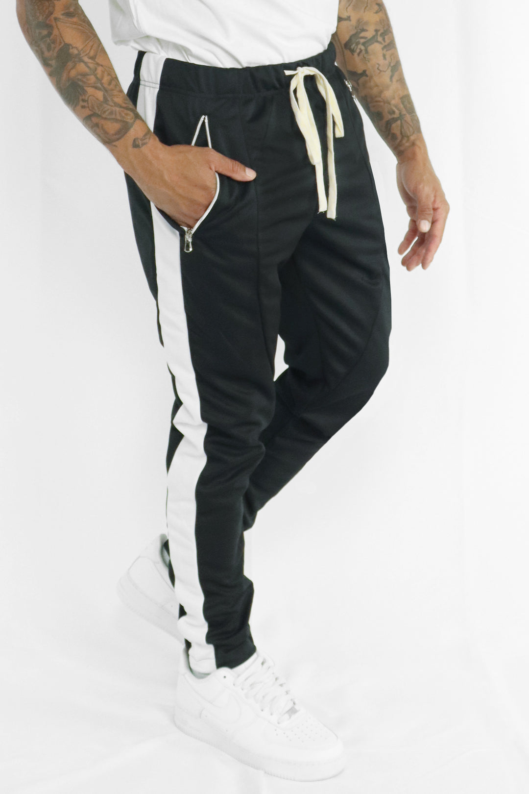 Premium Side Stripe Zip Pocket Track Pants (Black-White) - Zamage