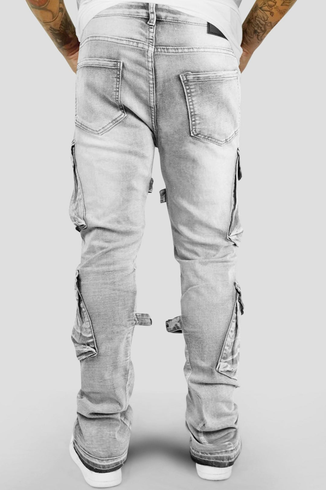 Buckled Cargo Stacked Denim (Grey Wash) - Zamage