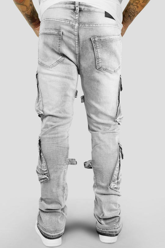 Buckled Cargo Stacked Denim (Grey Wash) - Zamage