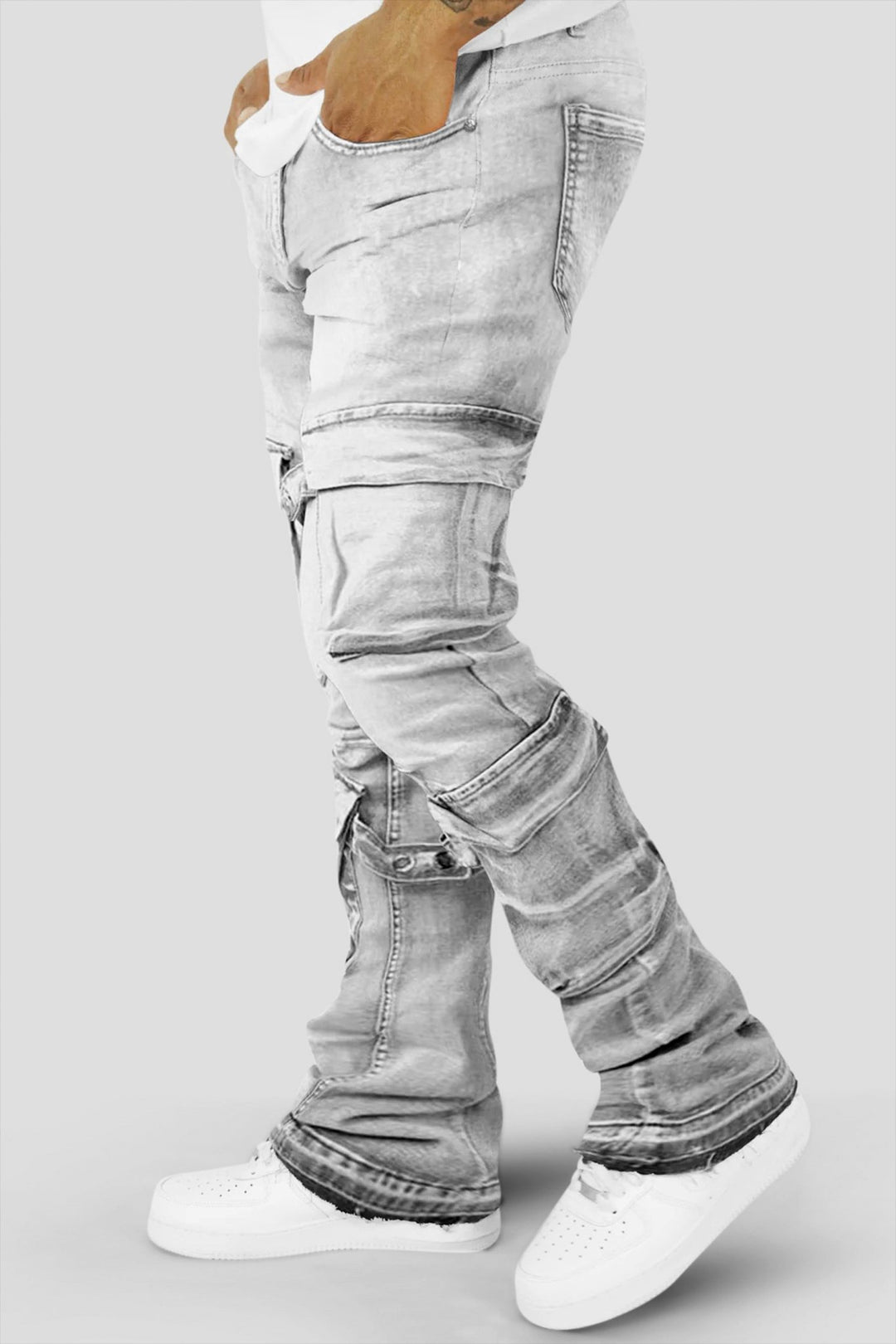 Buckled Cargo Stacked Denim (Grey Wash) - Zamage