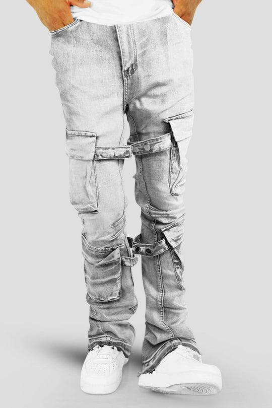 Buckled Cargo Stacked Denim (Grey Wash) - Zamage