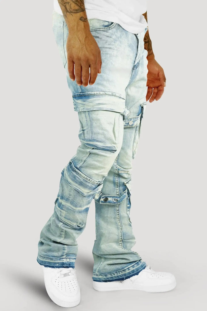Buckled Cargo Stacked Denim (Light Blue Wash) - Zamage