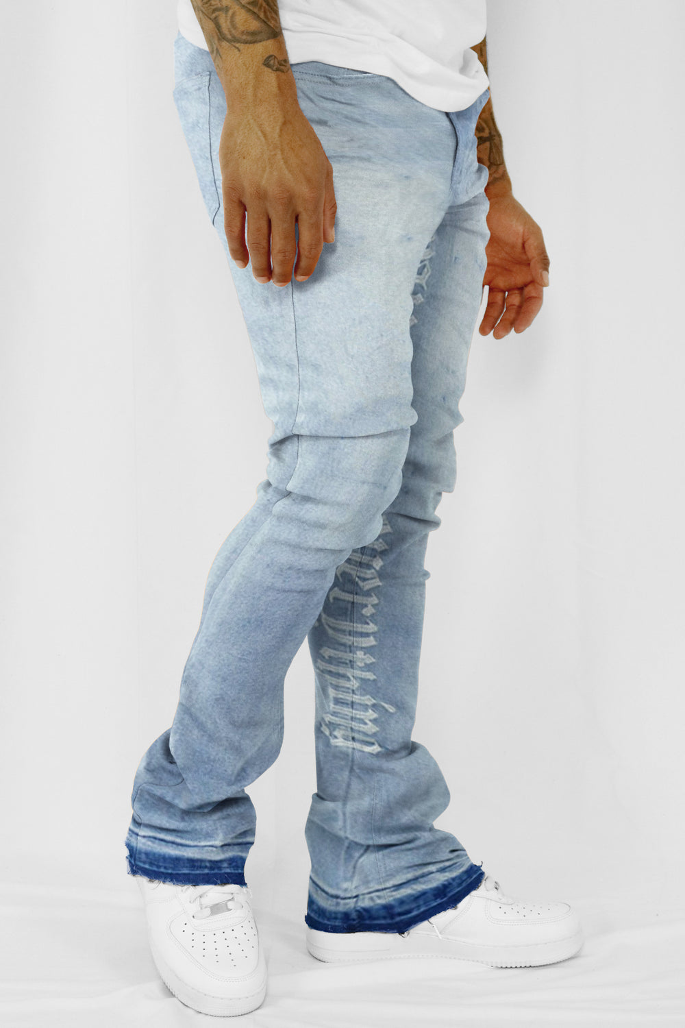 Loyalty Over Everything Stacked Denim (Bleach Wash)