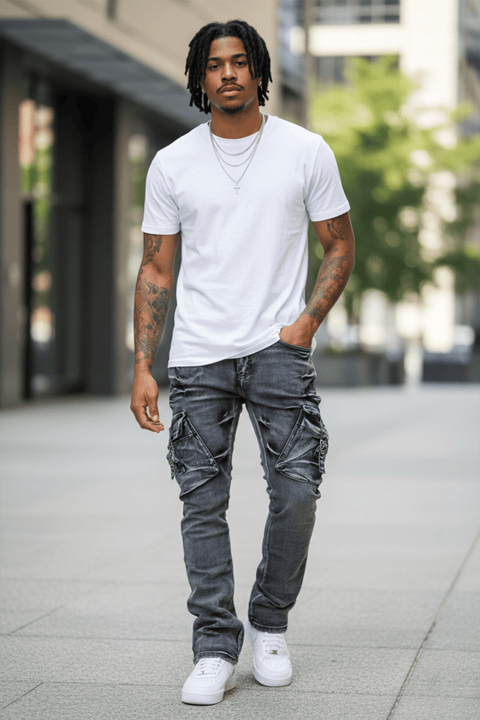 Cargo Shine Super Stacked Denim (Black Wash) - Zamage