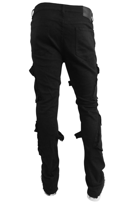 Buckled Cargo Stacked Denim (Jet Black)