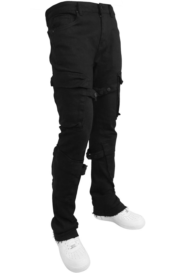 Buckled Cargo Stacked Denim (Jet Black)