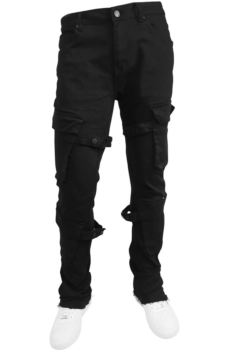 Buckled Cargo Stacked Denim (Jet Black)