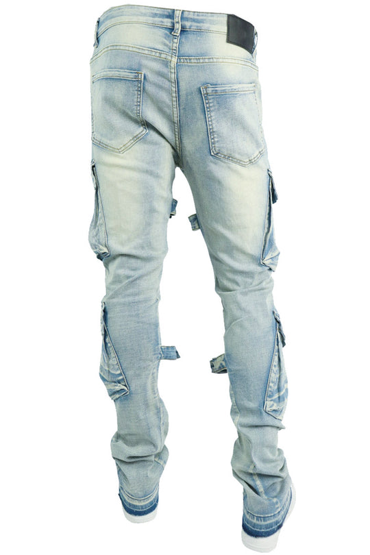 Buckled Cargo Stacked Denim (Light Blue Wash)