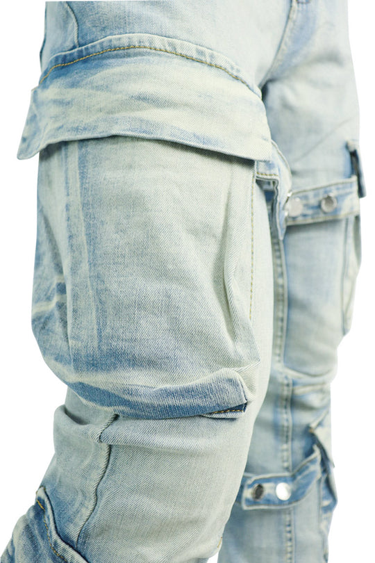 Buckled Cargo Stacked Denim (Light Blue Wash)