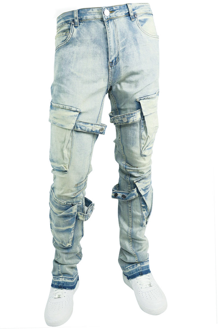 Buckled Cargo Stacked Denim (Light Blue Wash)