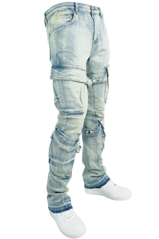 Buckled Cargo Stacked Denim (Light Blue Wash)