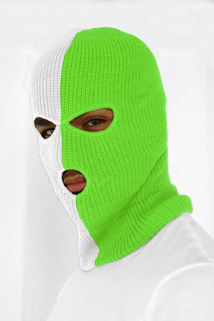 Classic Split Face Ski Mask Balaclava (White - Neon Green) - Zamage