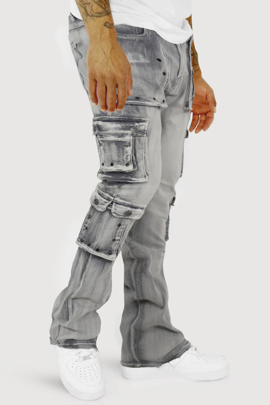 Loaded Multi Pocket Cargo Stacked Denim (Grey) (T4114)
