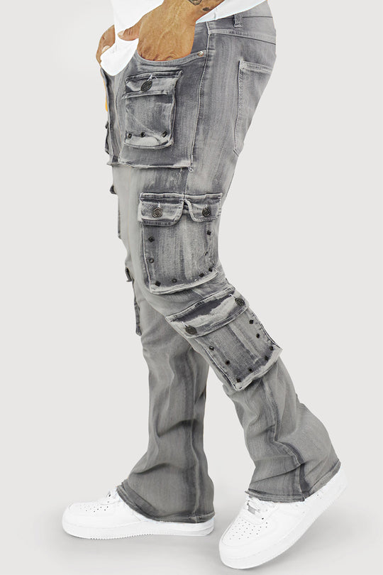 Loaded Multi Pocket Cargo Stacked Denim (Grey) (T4114)