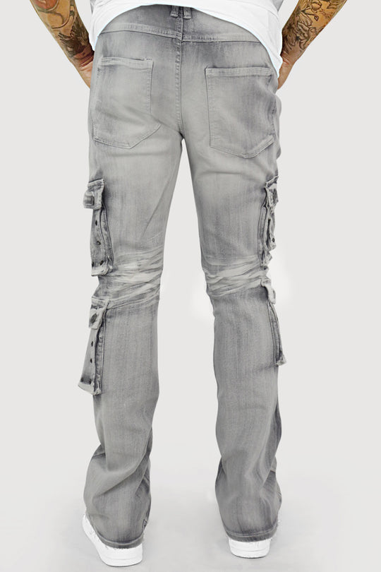 Loaded Multi Pocket Cargo Stacked Denim (Grey) (T4114)