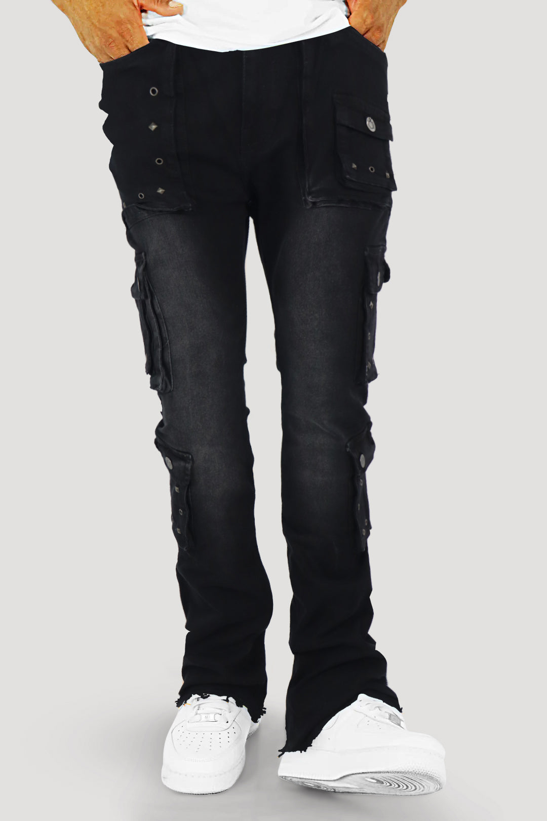 Loaded Multi Pocket Cargo Stacked Denim (Black Ash) (T4114)