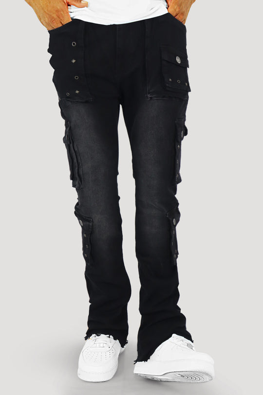 Loaded Multi Pocket Cargo Stacked Denim (Black Ash) (T4114)