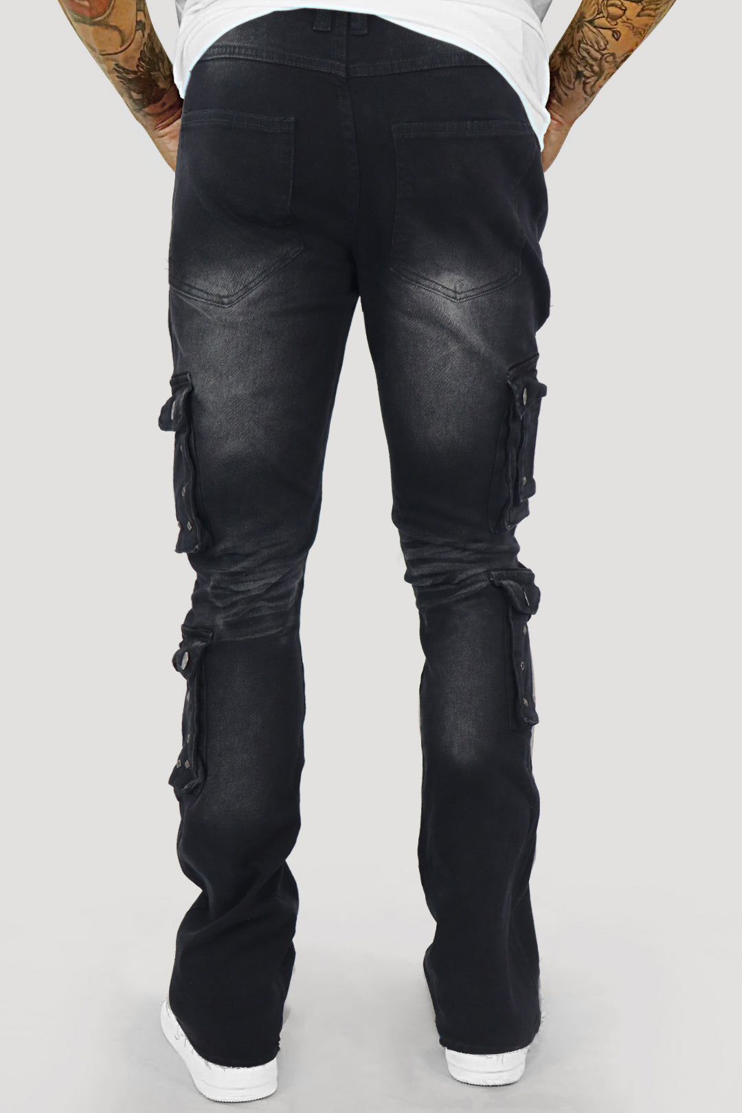 Loaded Multi Pocket Cargo Stacked Denim (Black Ash) (T4114)