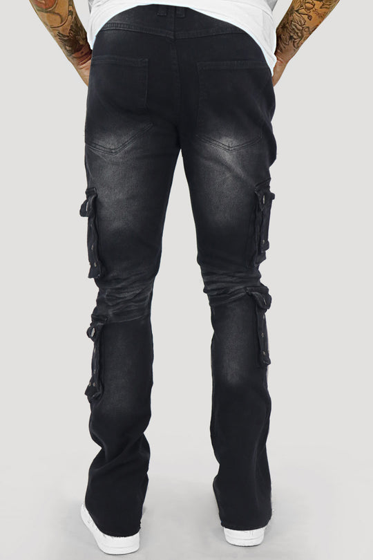 Loaded Multi Pocket Cargo Stacked Denim (Black Ash) (T4114)