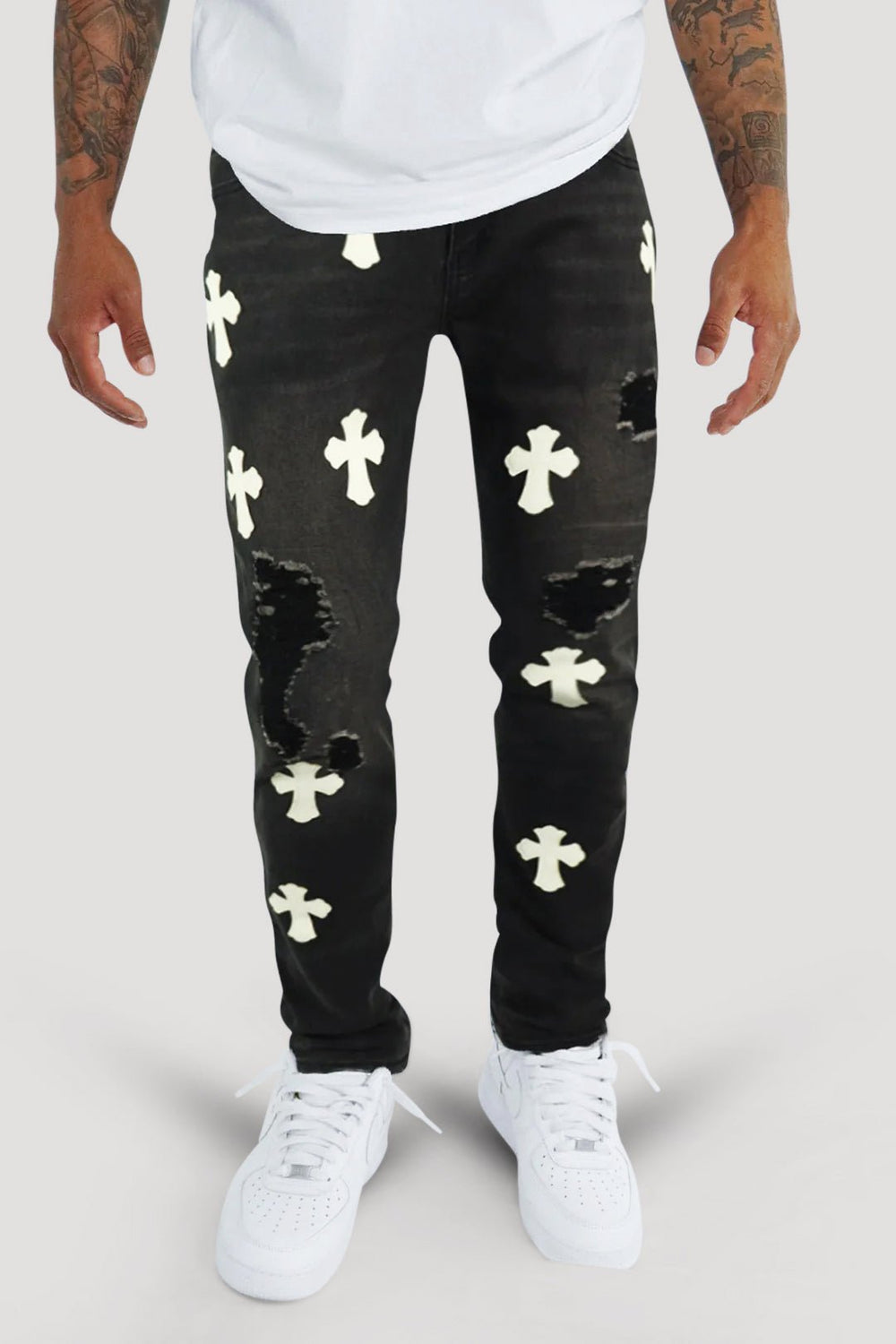 Crossed Patched Denim (Black - White) - Zamage