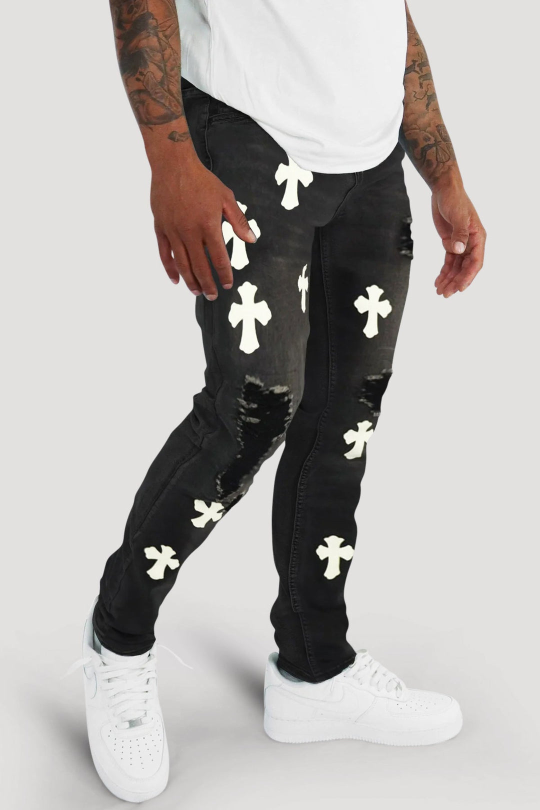 Crossed Patched Denim (Black - White) - Zamage