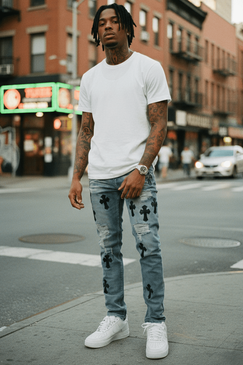 Crossed Patched Denim (Blue Wash) - Zamage