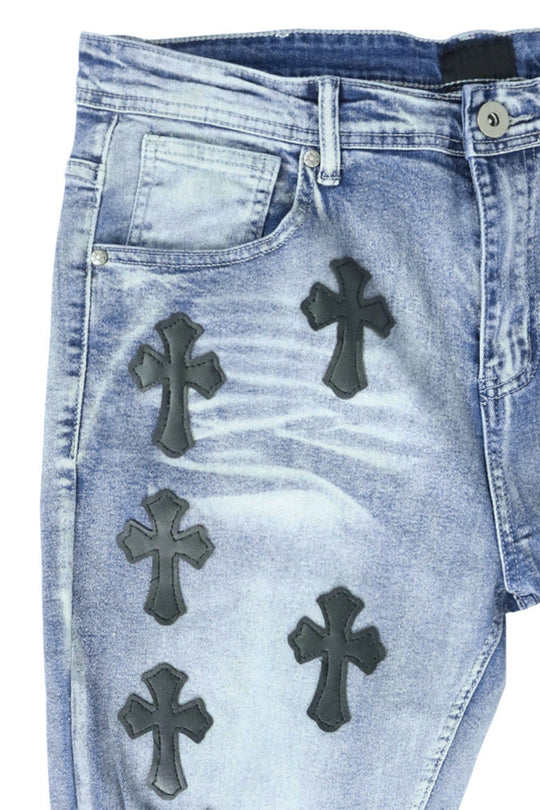 Crossed Patched Denim (Blue Wash) - Zamage