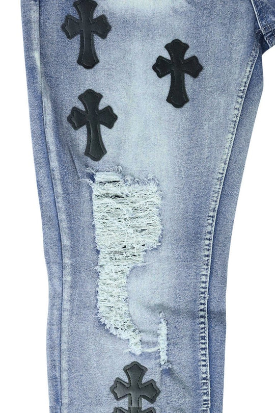 Crossed Patched Denim (Blue Wash) - Zamage