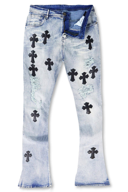 Crossed Patched Super Stacked Denim (Blue Wash) - Zamage