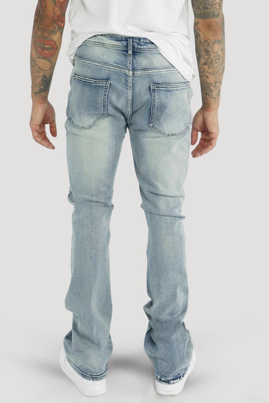 Crossed Patched Super Stacked Denim (Blue Wash) - Zamage